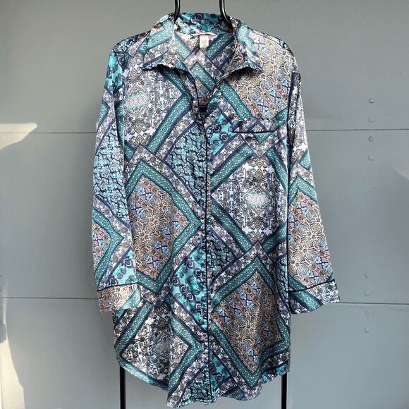 Vintage 90s Victoria's Secret Silky Satin Blouse in Vibrant Geometric Print - NW - Picture 1 of 15